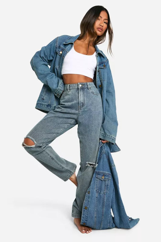 Basics High Waisted Straight Leg Ripped Knee Jeans